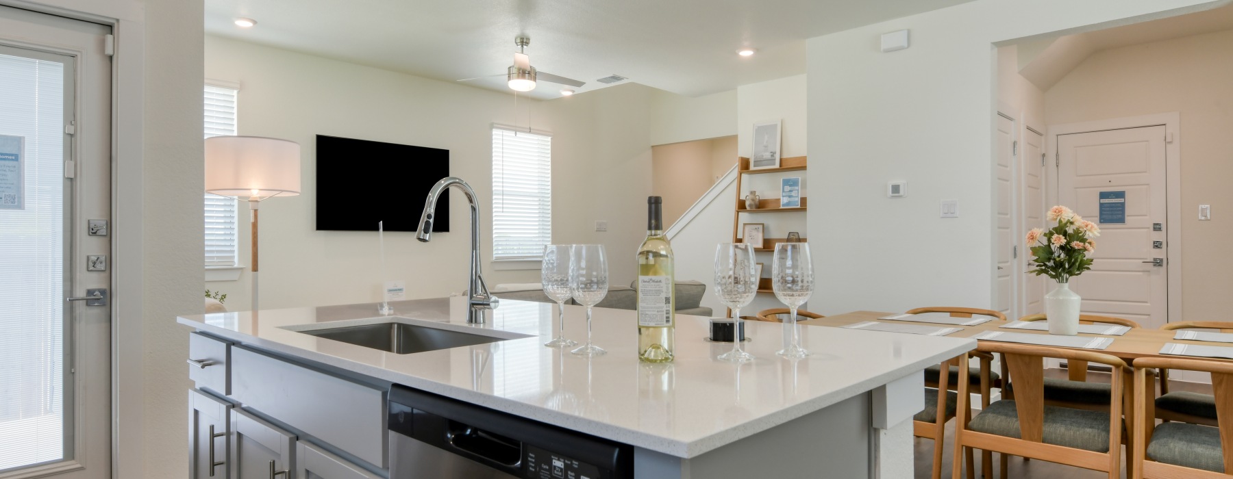 Kitchen island and living room